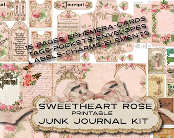 ROMANCE LOVE HUGE Junk Journal Kit Sweetheart Roses Printable Pages Antique Photos Ephemera Pockets labels Tags Cards Envelopes Bookmarks