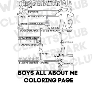 BOYs ABOUT ME Coloring Page Keepsake Kids Craft Digital Download Printable Page