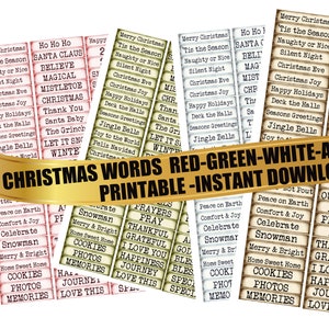 85 CHRISTMAS- NEW YEARS words Printable Sheets Antique - Red - White - Green  Scrapbooks, Junk Journals, Cards & Craft Projects