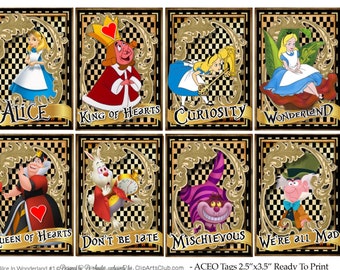Alice in Wonderland Character Cards ACEO ATC Printable Instant Download 8 Cards Checkered with Fancy  Gold Frame
