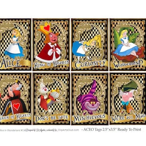 Alice au pays des merveilles Cartes de caractère ACEO ATC Imprimable Téléchargement instantané 8 cartes checkered avec Fancy Gold Frame