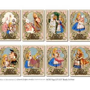 vintage Alice in Wonderland Character Cards ACEO ATC Printable Instant Download 8 Cards Checkered with Fancy Pink Frame