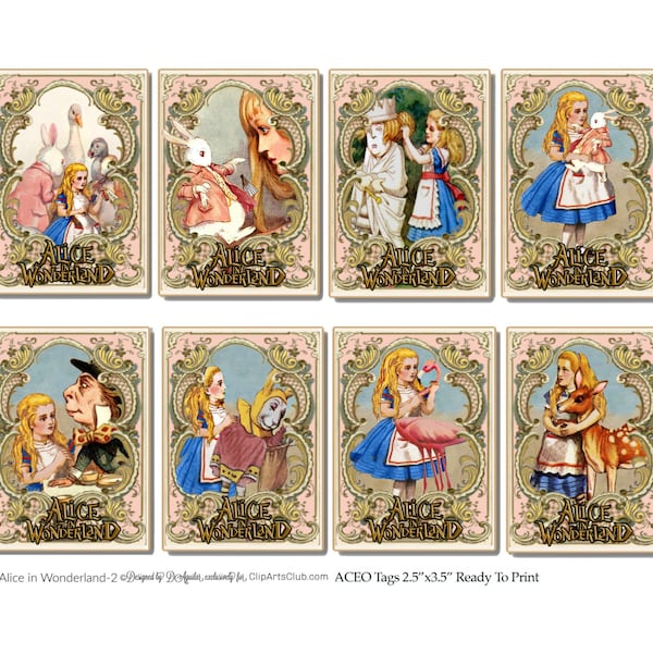 Vintage Alice in Wonderland Character Cards ACEO ATC Printable Instant Download 8 Cards Checkered with Fancy Pink Frame