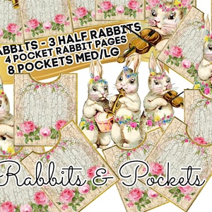 10 WITTE BLOEM KONIJNEN Antieke Shabby Chic Junk Journal Pockets 4 Afdrukbare pagina&#39;s Musical Bunny Konijnen Easter Craft Kids Bundel Download