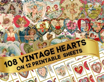 108 Vintage VALENTINE HEARTS On 12 Printable Sheets Digital Instant Download