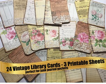 24 LIBRARY CARDS 3 Vintage Printable Ephemera Sets Plain, Lace & Antique Roses Perfect for Junk Journal Pockets Instant Digital Download