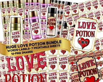 HUGE LOVE Potion Valentine Bundle Printable Sheets - Bottles - Labels - Words - DIY Make Your Own Cards & Crafts  Instant Digital Download