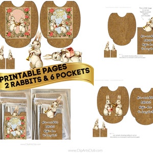 6 RABBIT POCKETS PRINTABLE Pages Craft Kit 2 White Musical Bunny Rabbits 2 Junk Journal pages  6 seals Happy Easter Craft Kids Download