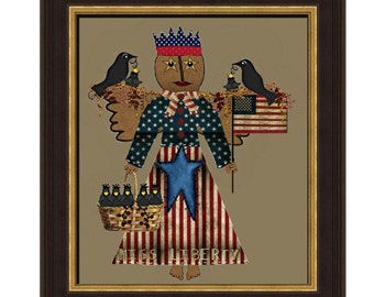 MISS LIBERTY Primitive Angel with her crows, crown & star dressed in red, white, blue ready to frame plus PNG format for printing