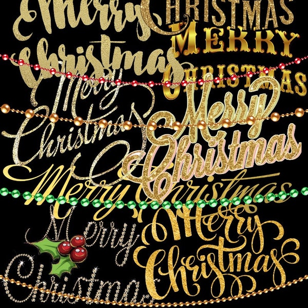 GOLD Shiny "Merry Christmas" Words Hand Written in Foil, Glitter, Diamond, Sparkle  & Shiny Garland Beads plus Holly Digital Clip Art Set