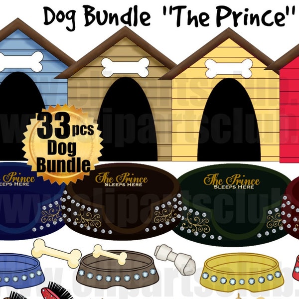 Prince Dog Bundle 35 images Rhinestone diamond Glamour Dog Accessories, Beds, Houses Treats, Brushes, Toys, Tags Clip Art Printable