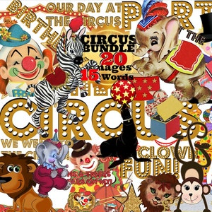 CIRCUS bundel 20 beelden 15 woorden Clowns olifanten Monkey Lions Seal personalisatie Blanks leuk schattig Circus Scrapbook bundel digitale PNG