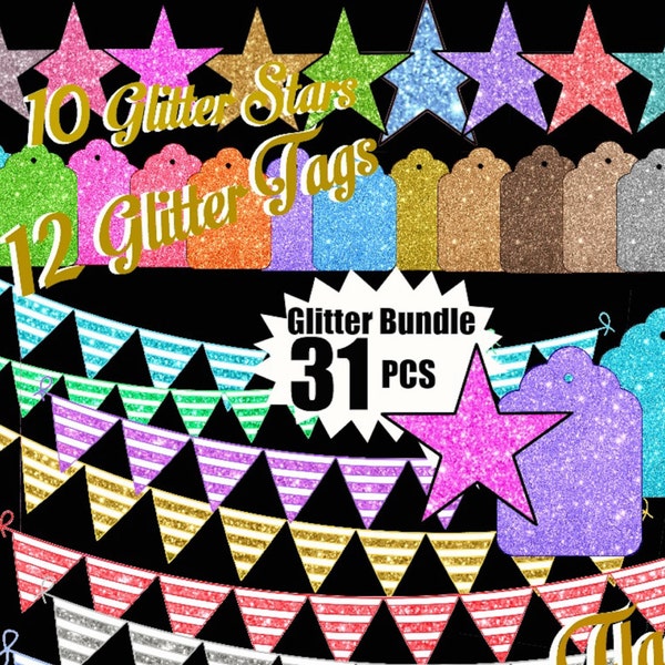 GLITTER BUNDLE 31 Pieces Bunting striped flags Stars Hang Tags High Resolution Glitter Scrapbook Clip Art  ok for COMMERCIAL use