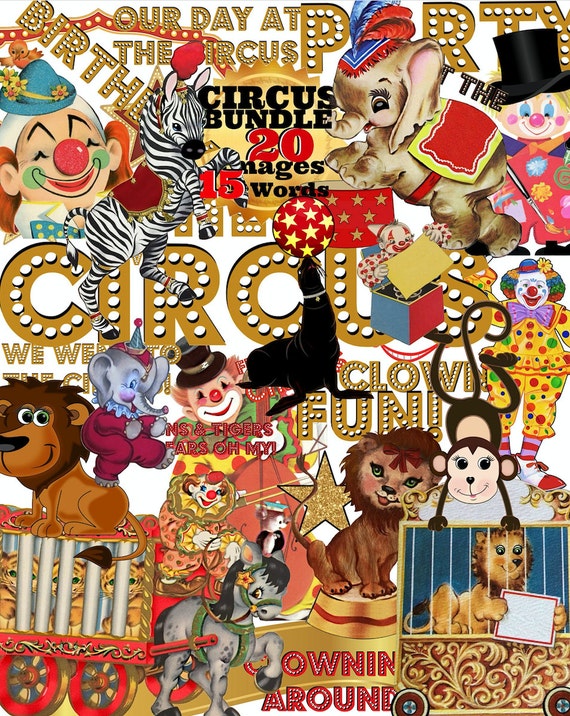 CIRCUS BUNDLE 20 Images 15 Words Clowns Elephants Monkey Lions Seal Personalization Blanks Cute Adorable Circus Scrapbook Bundle Digital PNG