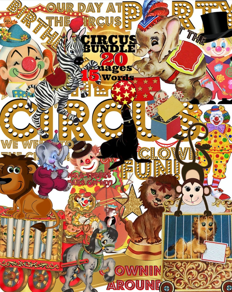 CIRCUS BUNDLE 20 Images 15 Words Clowns Elephants Monkey Lions Seal Personalization Blanks Cute Adorable Circus Scrapbook Bundle Digital PNG