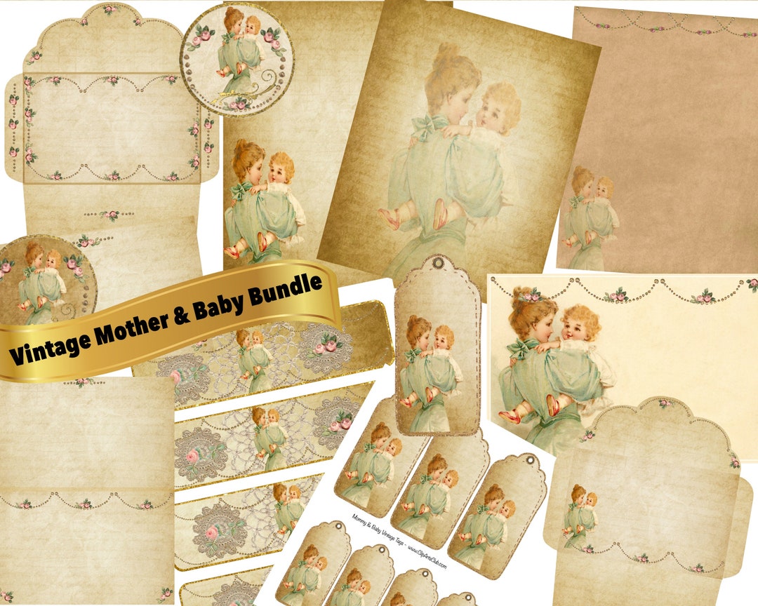 VINTAGE MOTHER & BABY Printable Bundle Cards, Envelopes, Labels, Tags ...