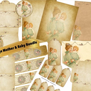 VINTAGE MOTHER & BABY Carte bundle stampabili, buste, etichette, tag Download istantaneo digitale
