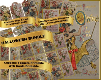 Beautiful Halloween Ladies Vintage Postcard PARTY BUNDLE  Tags, Cupcake Toppers, ATC cards, Huge Postcards, Printable & Transparents