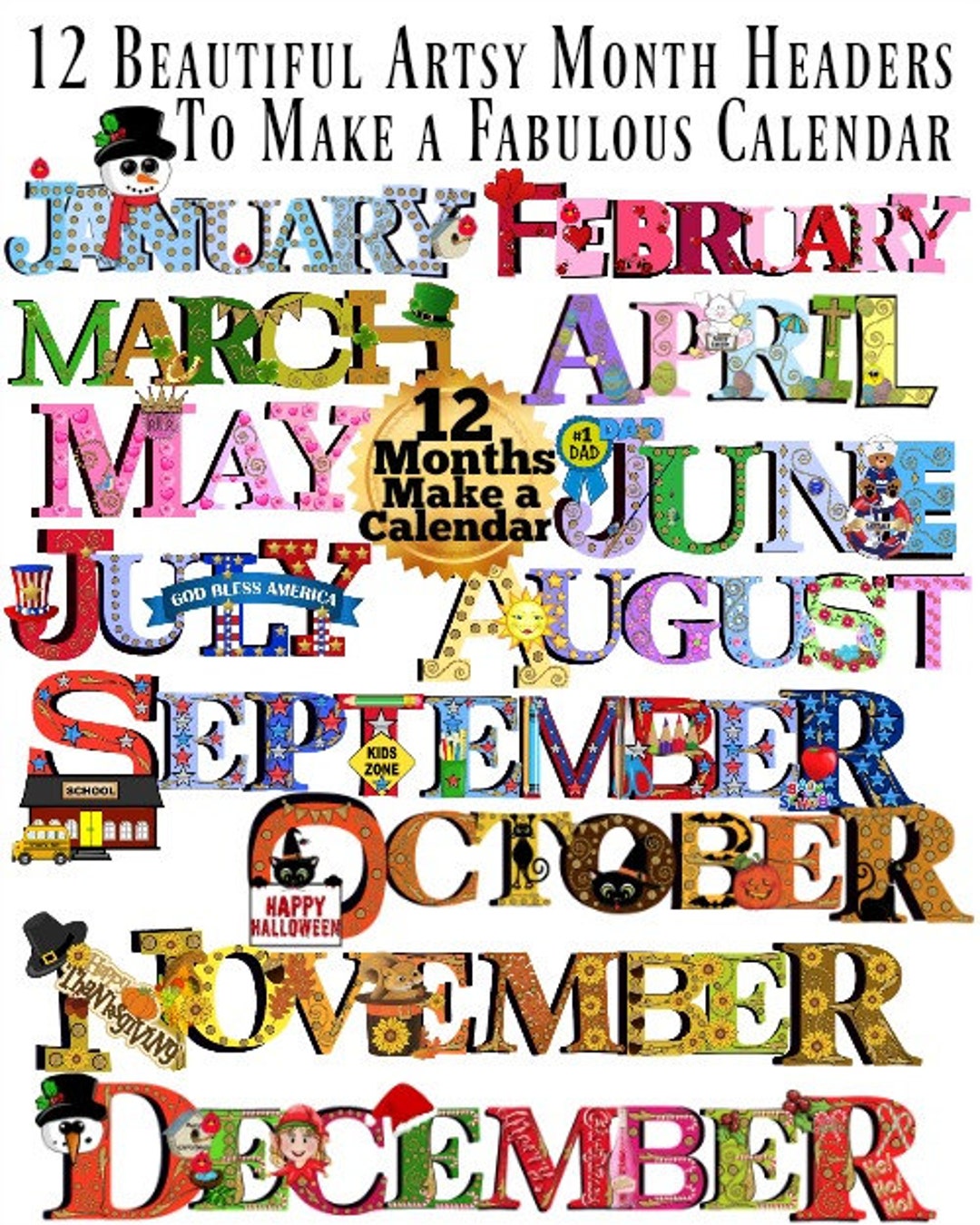 12 MONTHS Calendar Kit 36 Images Make a Printable Calendar or Scrap ...