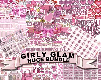 GIRLY GLAM PINK Beautiful Scrapbook Journal Craft Sticker Bundle Glitter Bling Alphabet Numbers Tags Inspirational Quotes Words Printable