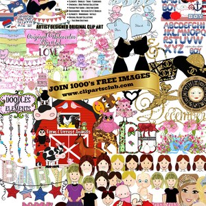 May include: A collection of colorful clip art images featuring farm animals, babies, people, and alphabet letters. The images are perfect for creating invitations, cards, and other crafts. The text "JOIN 1000's FREE IMAGES www.clipartsclub.com" is displayed at the bottom of the image.