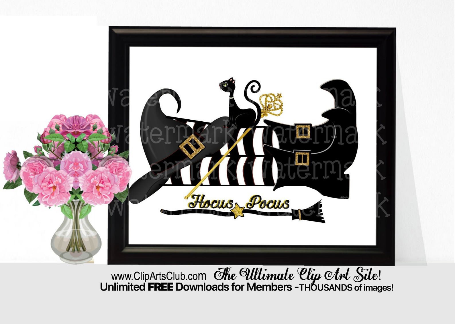 magic wand and Black Cat gold glitter Halloween Witchy Printable ready to frame Digital Download Print HOCUS POCUS Witch hat boots broom