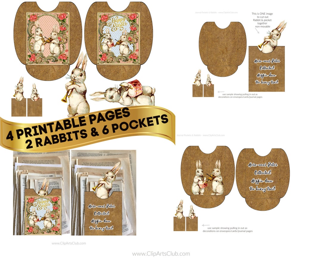 6 RABBIT POCKETS PRINTABLE Pages Craft Kit 2 White Musical Bunny ...