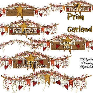 PRIMITIVE GARLAND Bundle Hand Drawn folk art signs crow berries, branches, hearts, stars, bells. ladybugs Rustic Style Clip Art High Res.