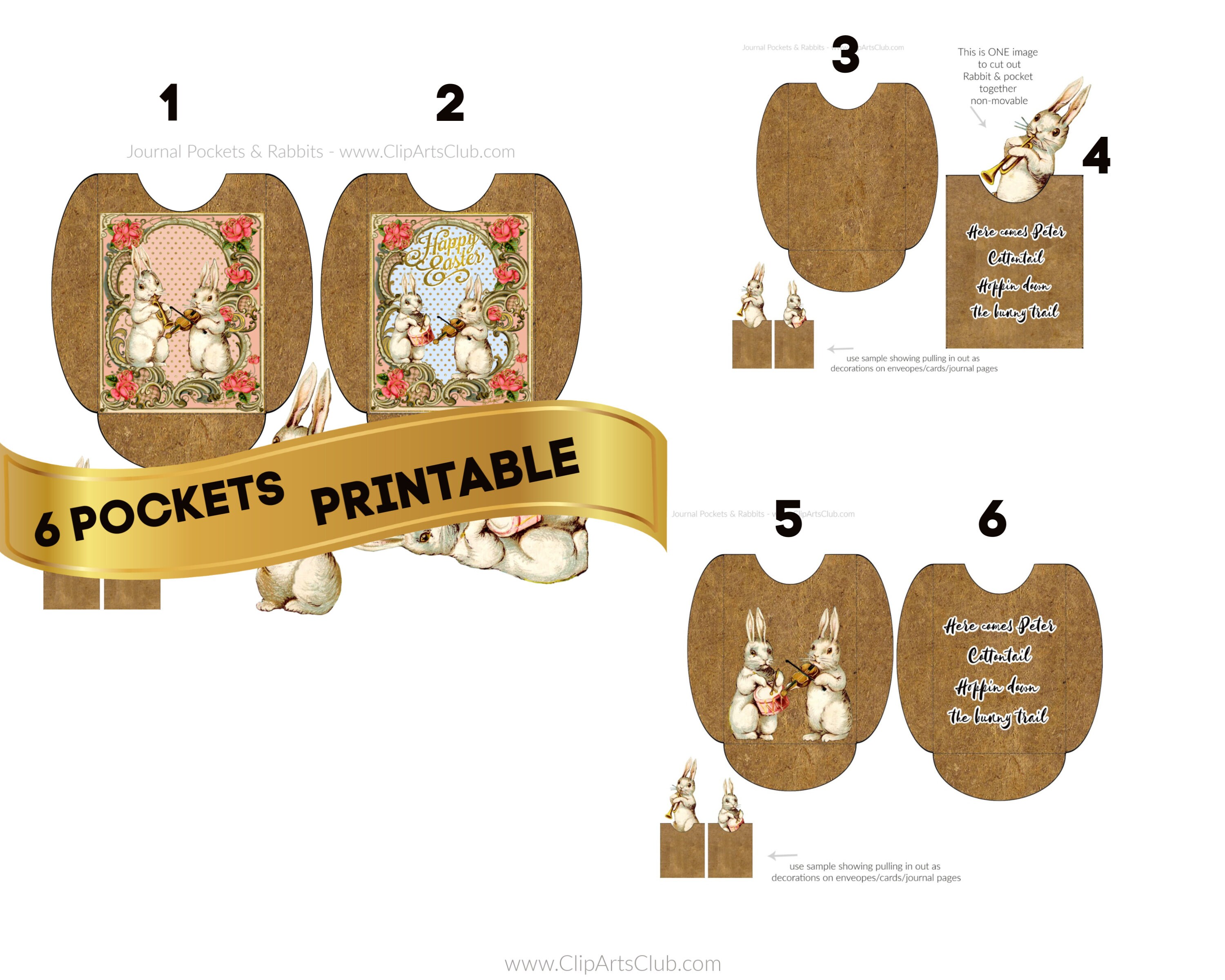 6 RABBIT POCKETS PRINTABLE Pages Craft Kit 2 White Musical Bunny ...