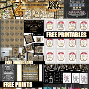 May include: A collage of printable art featuring a variety of designs, including animal illustrations, typography, and floral motifs. The text "1000's FREE PRINTS" is featured in the top right corner of the image.  The text "FREE PRINTABLES" is featured in the center of the image.  The text "FREE MONOGRAMS" is featured in the bottom left corner of the image.  The text "FREE PRINTS" is featured in the bottom center of the image.  The text "PARIS PARIS PAR PARI PARI PARIS" is featured in the bottom right corner of the image.