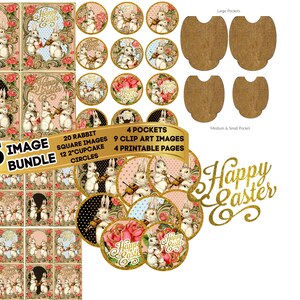 May include: A digital download of 45 Easter-themed images, including 20 square images of rabbits, 9 clip art images, 12 cupcake circles, and 4 printable pages. The images feature a gold and pink colour scheme with a vintage aesthetic.