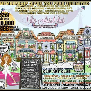 May include: A colorful illustration of a row of shops with signs that say "Digital Prints", "Design Elements", "Scrapbooking", "Signs & Crafts", and "Typography". The illustration is surrounded by text that says "Membership Gives You Free Unlimited Downloads - Thousands of Images - Exclusive Designs - Hand Drawn Art - Element Bundles - Educational Sets - Incredible Vintage Collection" and "Get Over 10,000 Images & Free Printables".