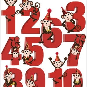 MONKEY Number Set Bright Red Numbers Cutest Monkeys Birthday or Baby Milestones Clip Art PNG Digital & Printables 22 Images and Chart