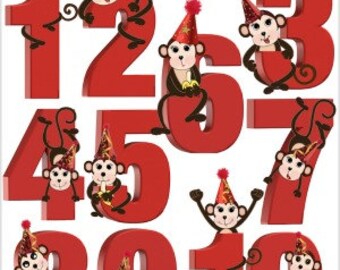 MONO Número Set Bright Red Numbers Monos Más lindos Cumpleaños o Bebé Hitos Clip Art PNG Digital & Imprimibles 22 Imágenes y Gráfico