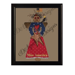 MISS AMERICA Primitive Angel Crow Flag & Star Original Folk Art Hand Drawn Digital High Res ready to frame with PNG for craft, gifts
