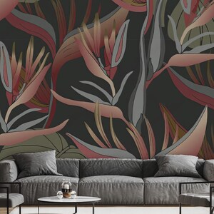 Living Room Wallpaper – Tropical Pink and Red Leaves on Elegant Gray Baclground