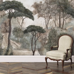 Vintage Wallpaper with Forest Landscape Print - Nature Lover Decor