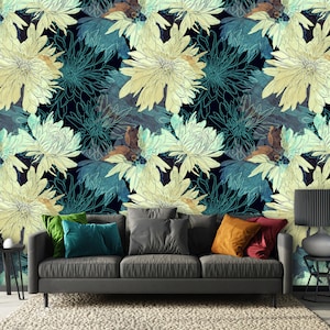 Wallpaper with yellow Japanese chrysanthemums on blue background adhesiv wallpaper for bedroom