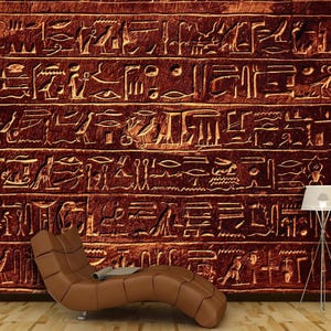 Egyptian hieroglyphs on red stone wall self adhesive wallpaper