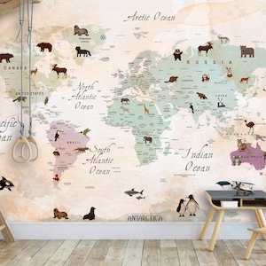 Colorful Kids Room Wallpaper featuring World Map Illustration