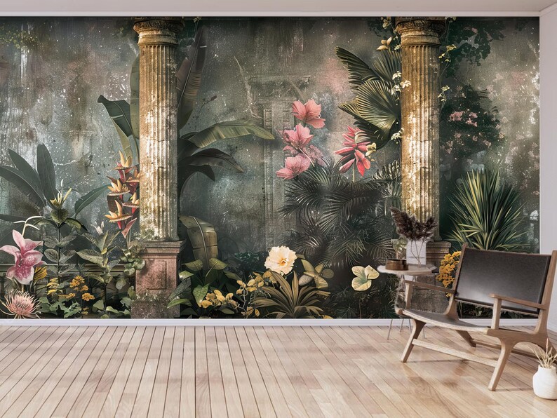 Vintage Tropical Garden Wallpaper Mural – Botanical Columns, Peel ...