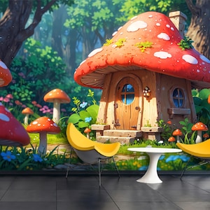 Whimsical Fairy Tale Mushroom House Wallpaper for Kids Room