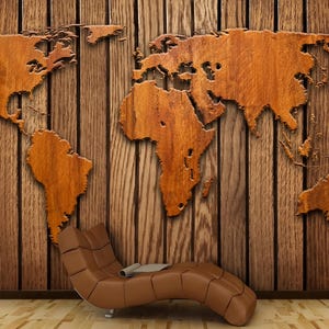 Elegant Global Map Wall Mural on Wood - Stylish Photographic Wallpaper
