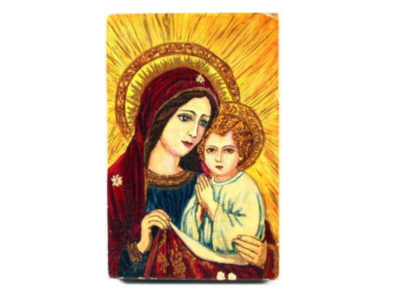 Vintage Religious Icon Wooden Religious Icon Our Lady Of image 0