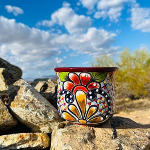 Handcrafted Talavera Planter Pot Colorful Hand Painted Flowers Mexican Clay Pottery