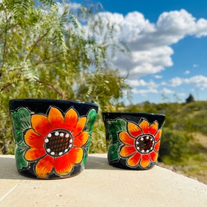 Handcrafted Clay Talavera Planter Hand Painted Sunflower Planter Pot Colorful Mexican Clay Pottery