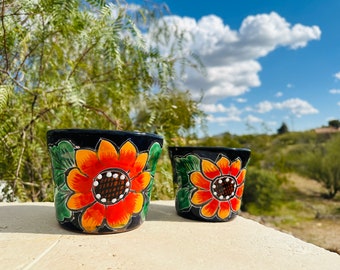 Handcrafted Clay Talavera Planter Hand Painted Sunflower Planter Pot Colorful Mexican Clay Pottery