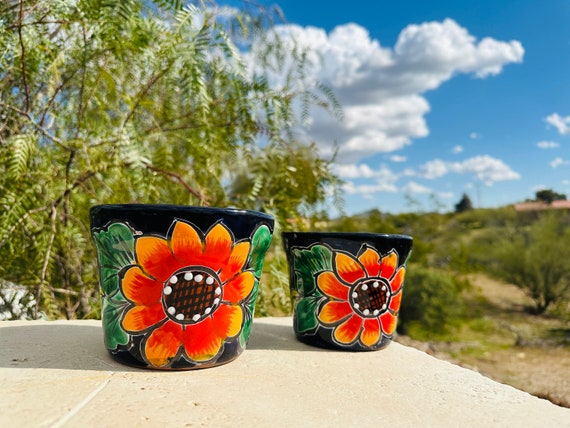 Handcrafted Clay Talavera Style Planter Hand Painted Sunflower