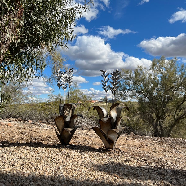 FLASH SALE Today Only!  Rustic Metal Blooming Agave Arizona Desert Cactus Handmade Metal Yard Art SMALL Metal Cactus Sculpture