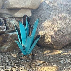 Handcrafted Tiny Metal Agave: Rustic Turquoise Desert Cactus Yard Art